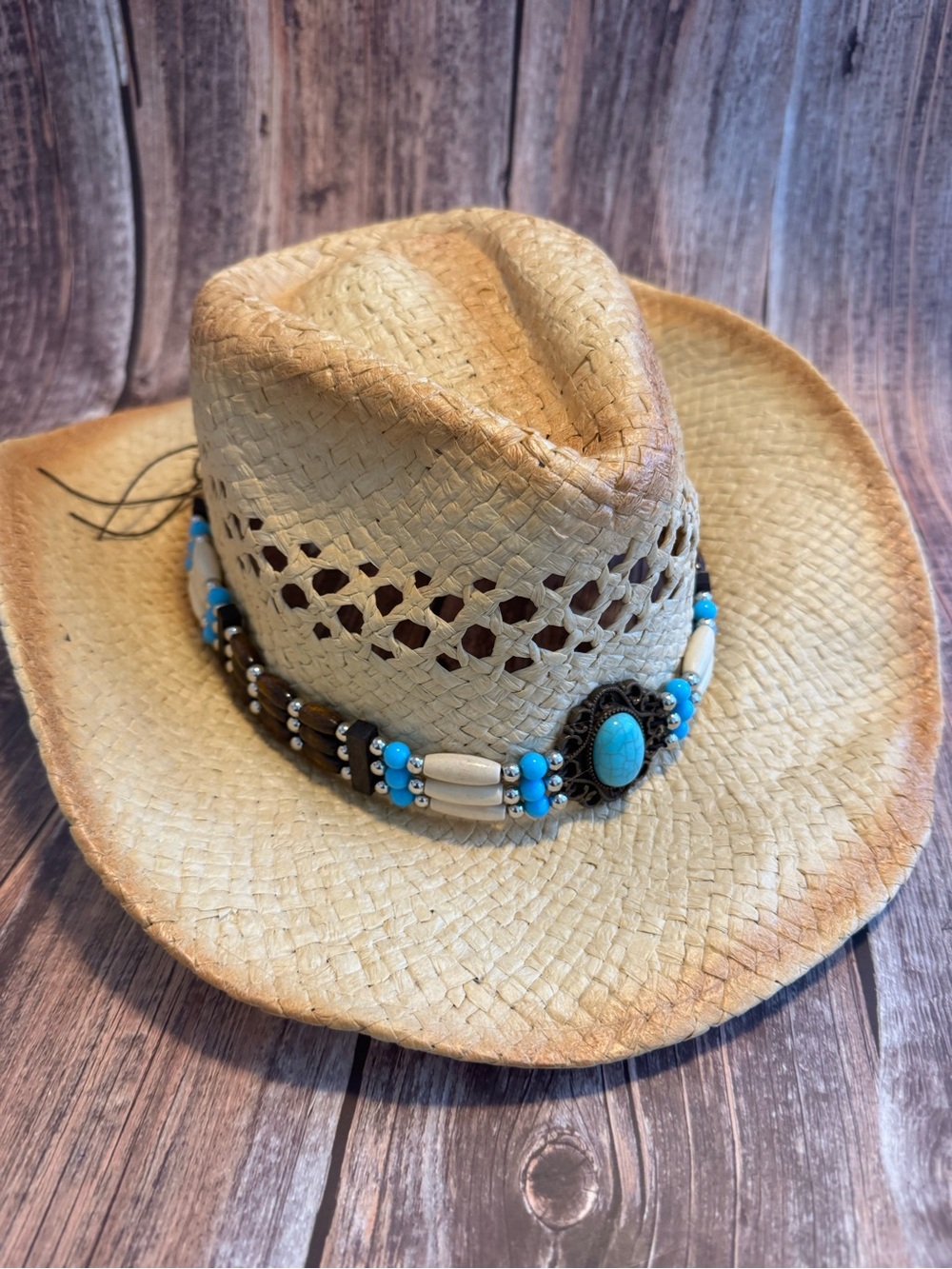 Barely Worn Straw Cowboy Hat with Turquoise Bead Band 57cm Item #PHK7889